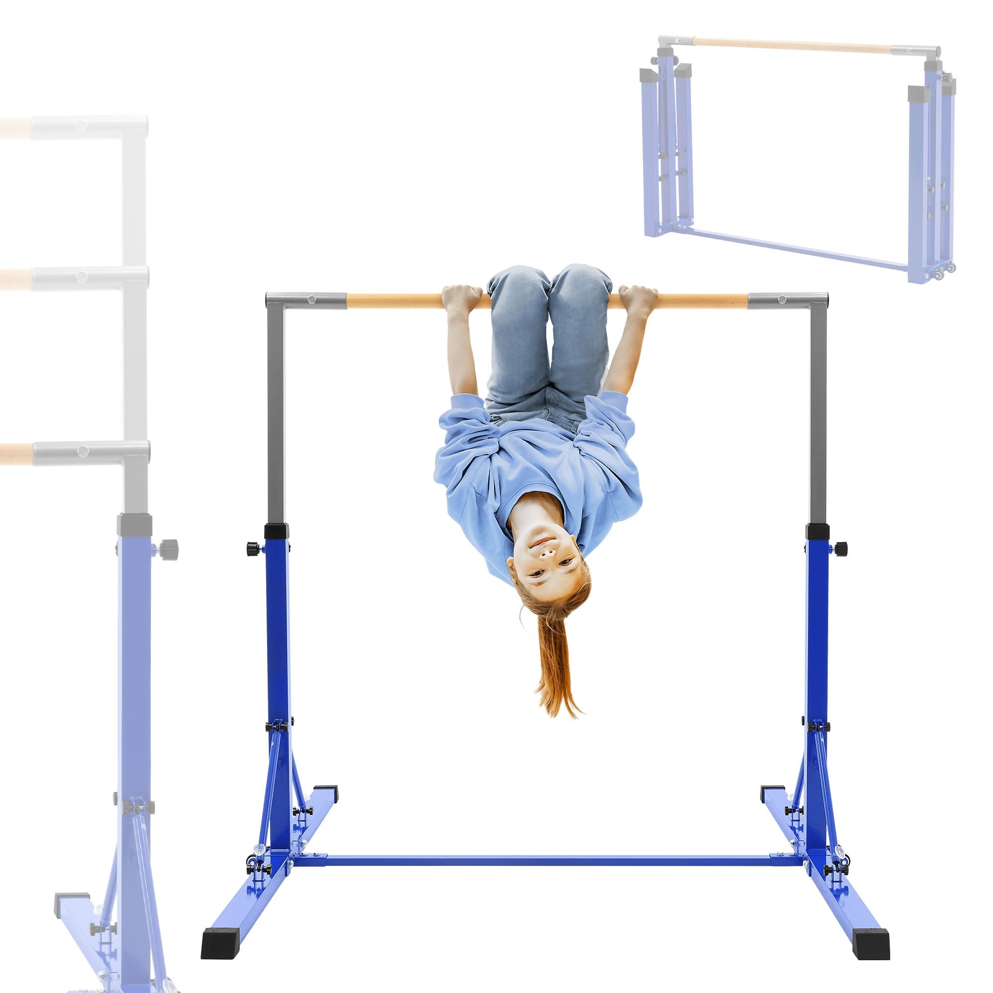 Hauki Barra de Gimnasia Artística Horizontal para Niños Azul/Púrpura Equipo Entrenamiento Infantil Plegable Base Estable Altura Regulable 95,5-150cm Madera/Acero Ejercicios en Casa Interior/Exterior