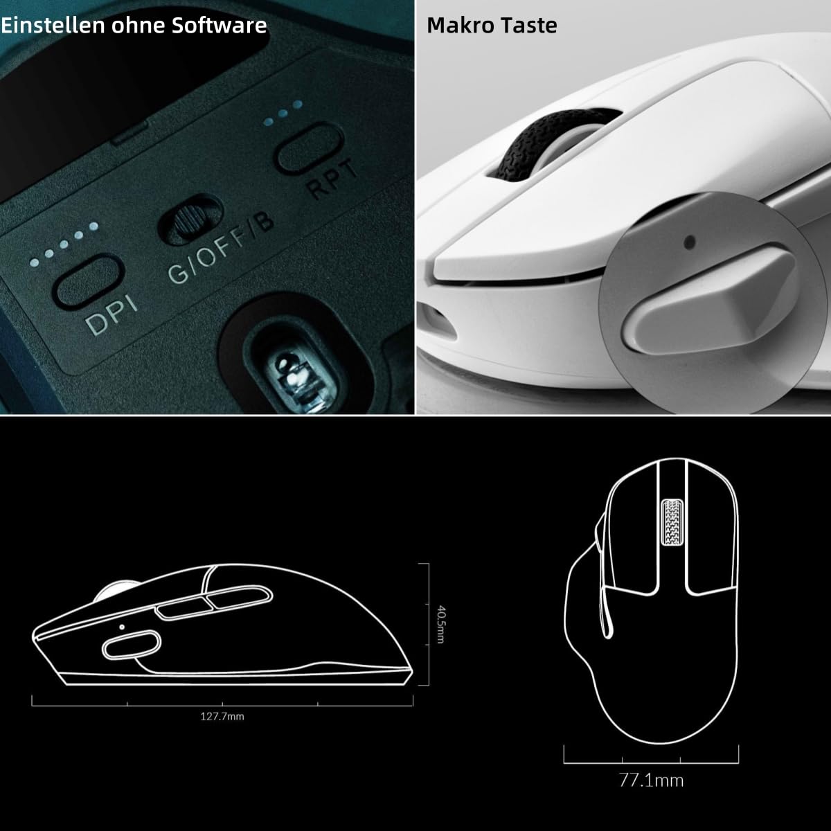 Keychron M7 Kabellose Optische Maus, 2.4G/Bluetooth/Kabelgebunden Ergonomisches Design Leichtgewicht 63g Anpassung Makrotaste (Schwarz)