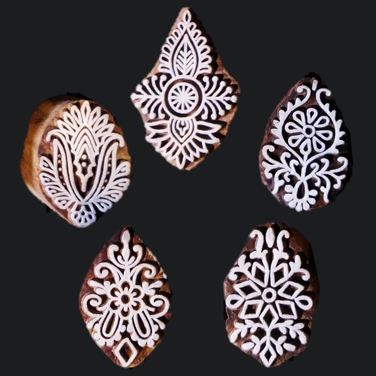 ecofynd Round Wood Block Stamps (Pack of 5), Wooden Blocks for Block Printing Stamp Set, Artistic Shapes Craft Kids Saree Border DIY Henna Fabric Textile Paper Clay Pottery Hand-Carved (BLOCK014)