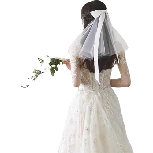 Takemay Wedding Veil for Brides, Short White 2 Tier Bridal Costume Veil with Bow Clip for Bachelorette Party, Bridal Shower