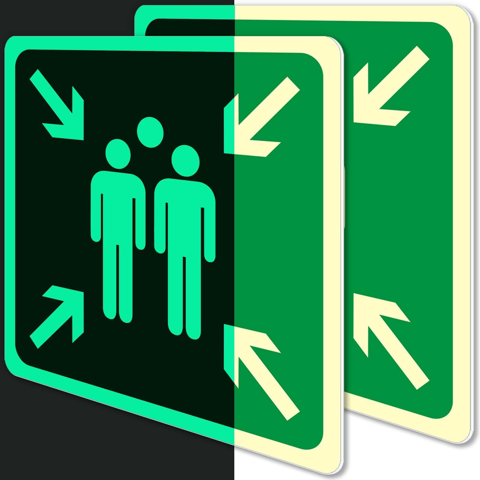 2 letreros luminosos de punto muster, 12 x 12 pulgadas, con adhesivo para puntos de montaje de emergencia, PVC reflectante, resistente a los rayos UV, para almacén, escuela, hospital