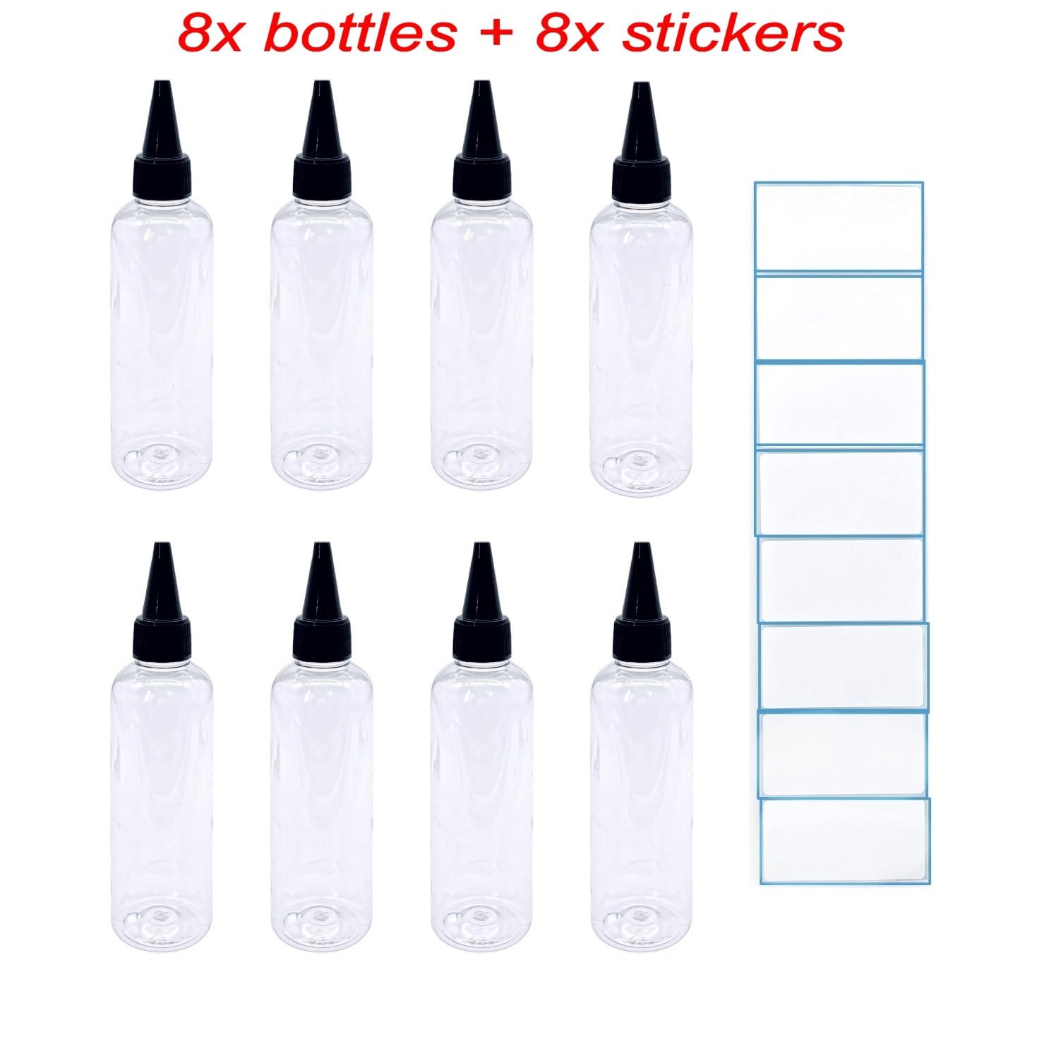 JZK 8 x Plastique pressurer Bouteilles de Compte-Gouttes liquides 100ml + 8  x Autocollant d'étiquette étanche pour Liquide et projets liés à l'art e- Liquide : Amazon.fr: Cuisine et Maison