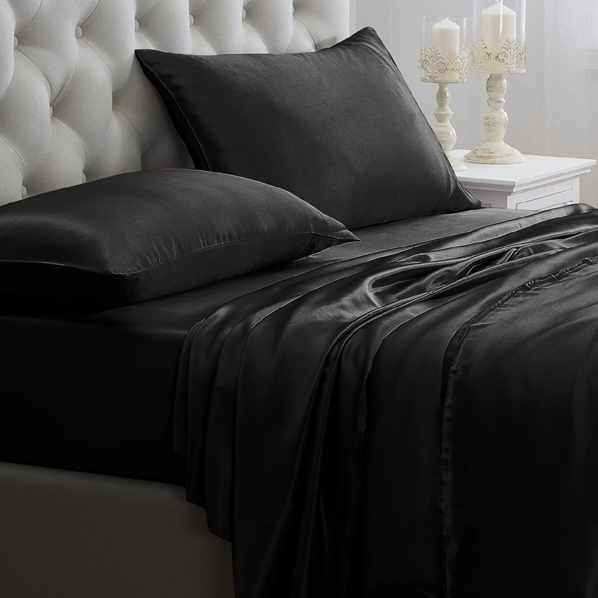 Orose 4pc 22 Momme Mulberry Silk Sheets Bed Set, Seamless, deep Pocket (King, Black)