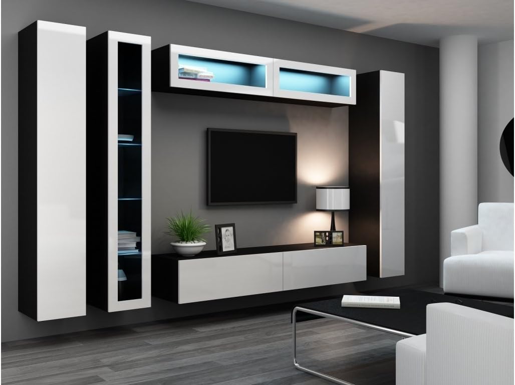 BMF VIGO XXL EXTRA LARGE WALL UNIT IN HIGH GLOSS DISPLAY GLASS LEDs BLACK/WHITE