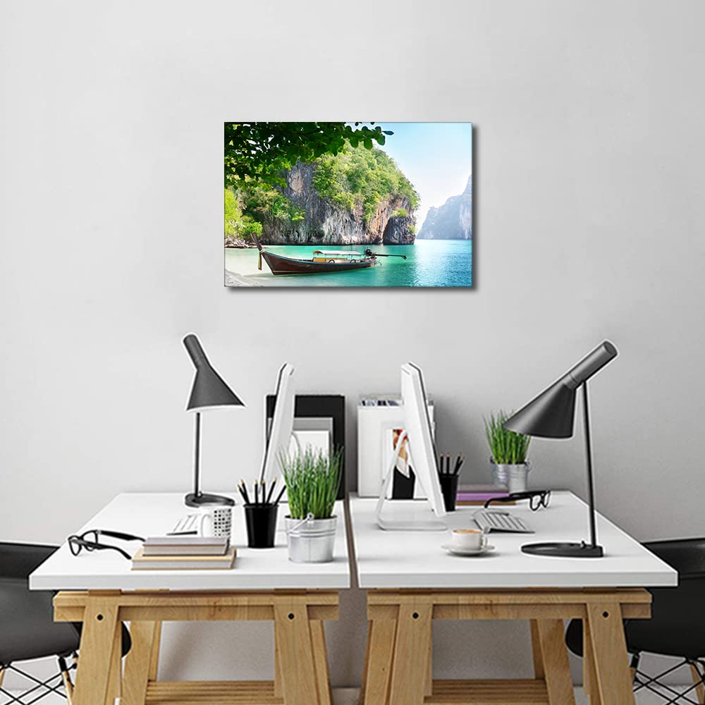 Canvas Wall Art for Interior Bathroom Wall Décor Long Boat on Island in Thailand Scenery for Living Room Bedroom Dining Room Decorations Framed Ready to Hang 16x24inch - Image 2