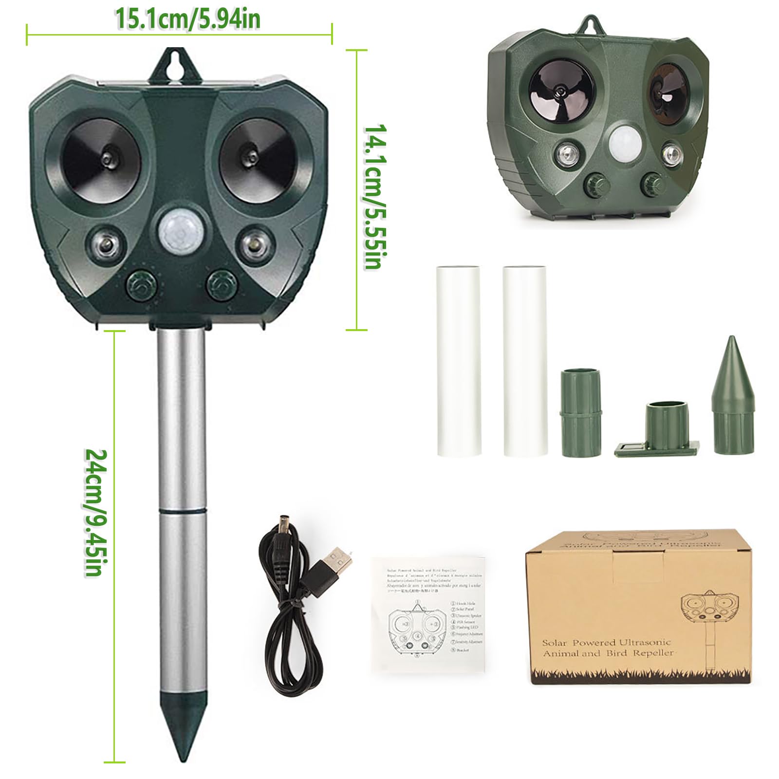Répulsif Animaux Solaire, Repulsif Chat Exterieur, Ultrason Oiseau, Répulsif Souris, Ultrason Charge Solaire, Chargement USB, Jardin pour Cours, Fermes, Champs (A)