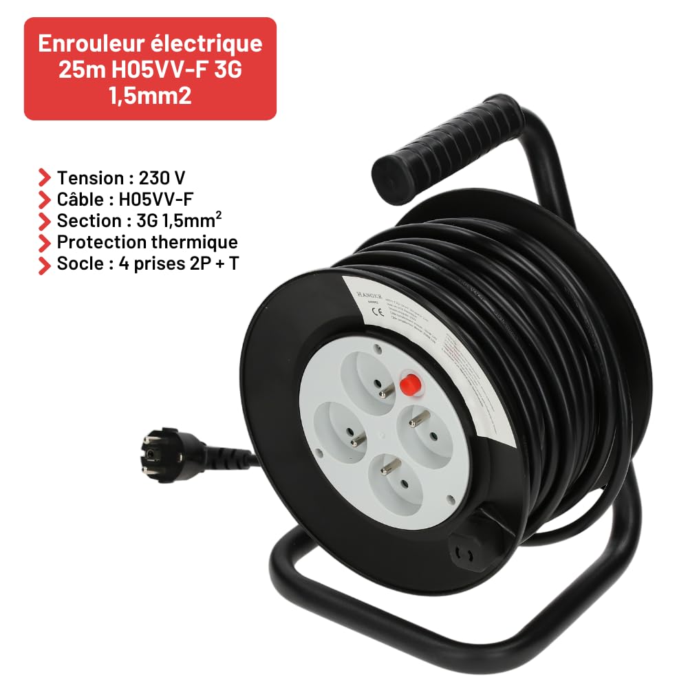 Enrouleur électrique 25m H05VV-F 3G 1,5mm2 - HANGER - 600002