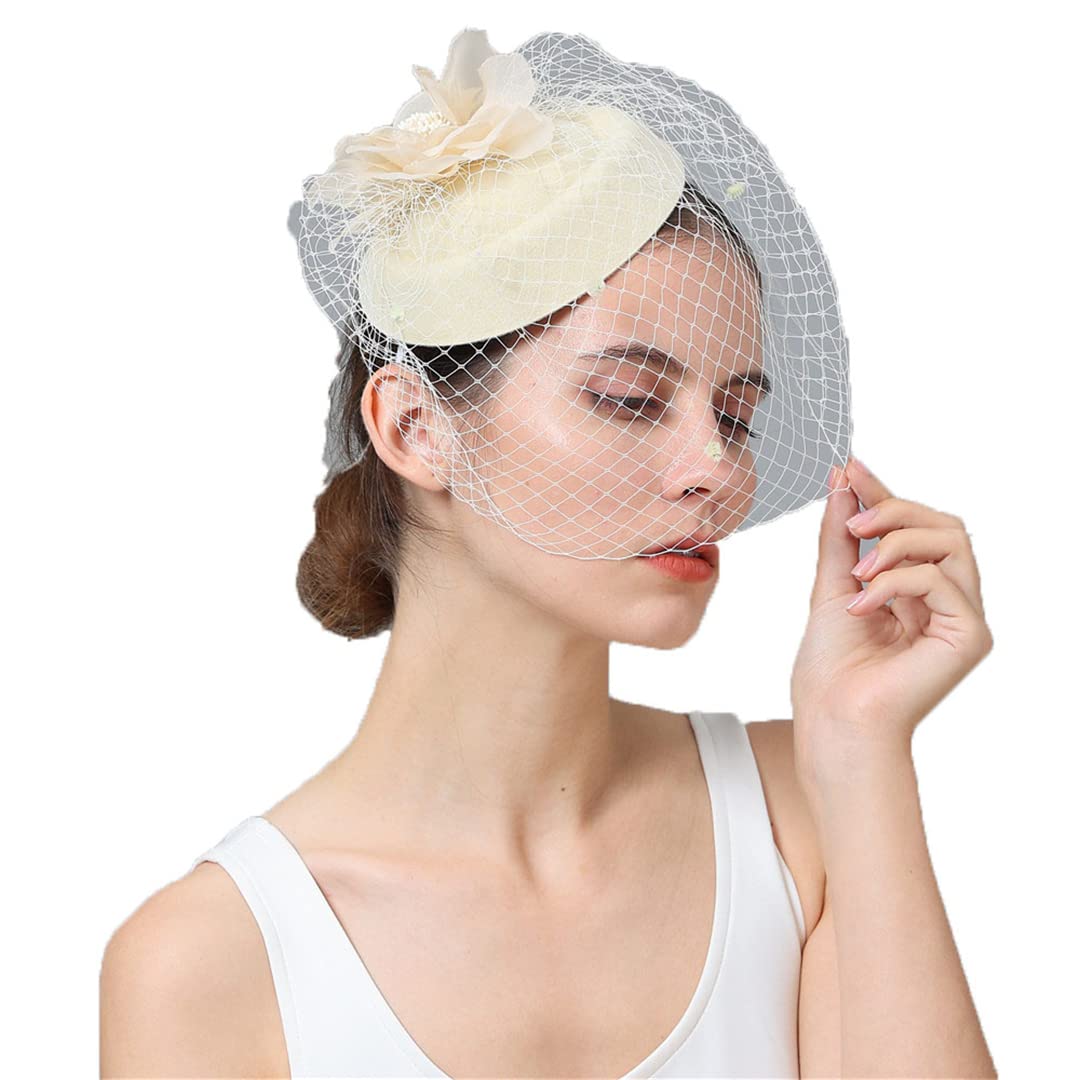 FBHappiness Women Fascinator With Face Veil Wedding Headwear Bride Headpece Hair Clip Headband Party Fedora Cap,Feather Flower Hair Clip(Beige)