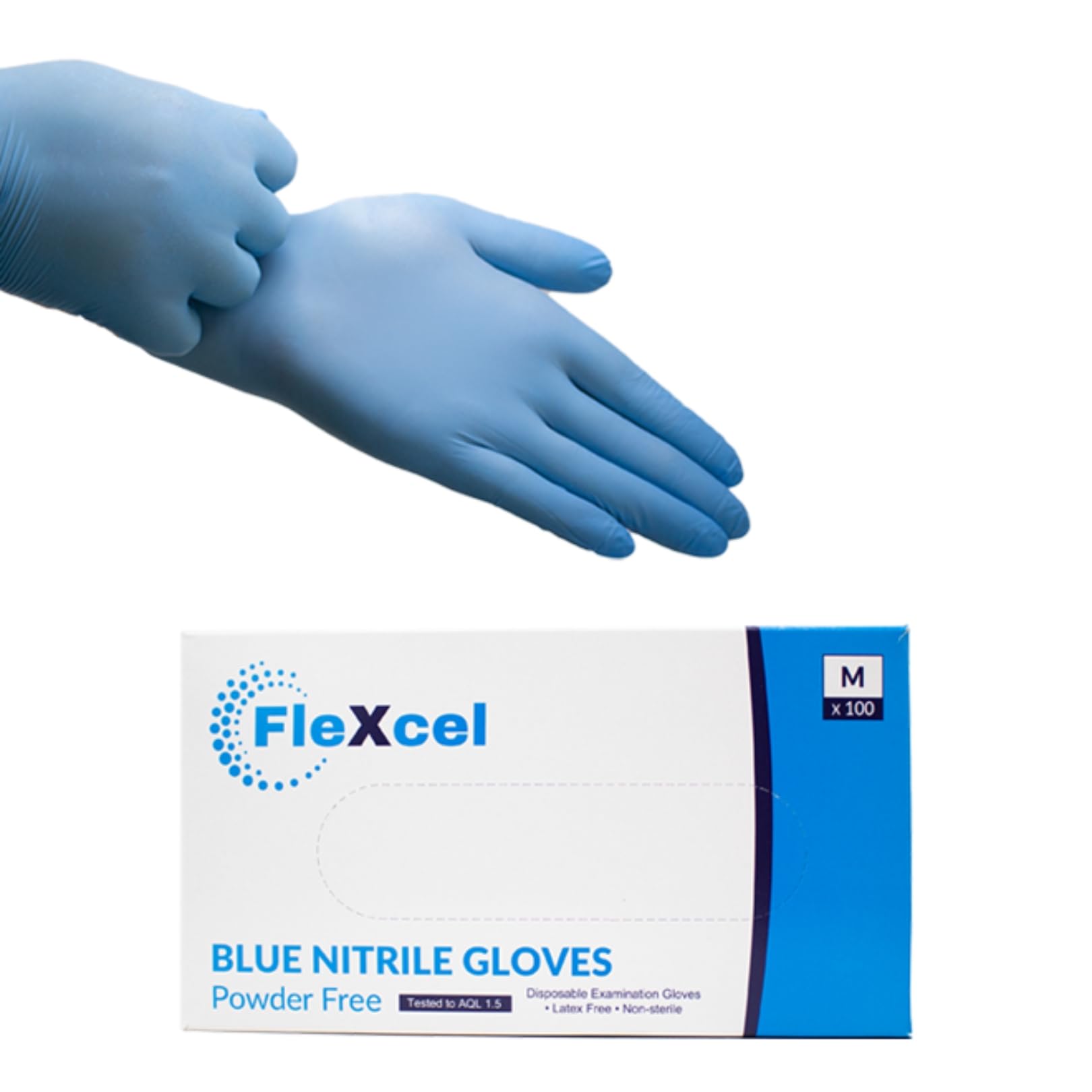 FleXcel Blue Nitrile Gloves (Box of 100) Size Medium - Multipurpose Powder Free, Latex Free, Medical Grade, Food Safe Examination Gloves - AQL 1.5 PPE Regulation 2016/425 Category III Certified