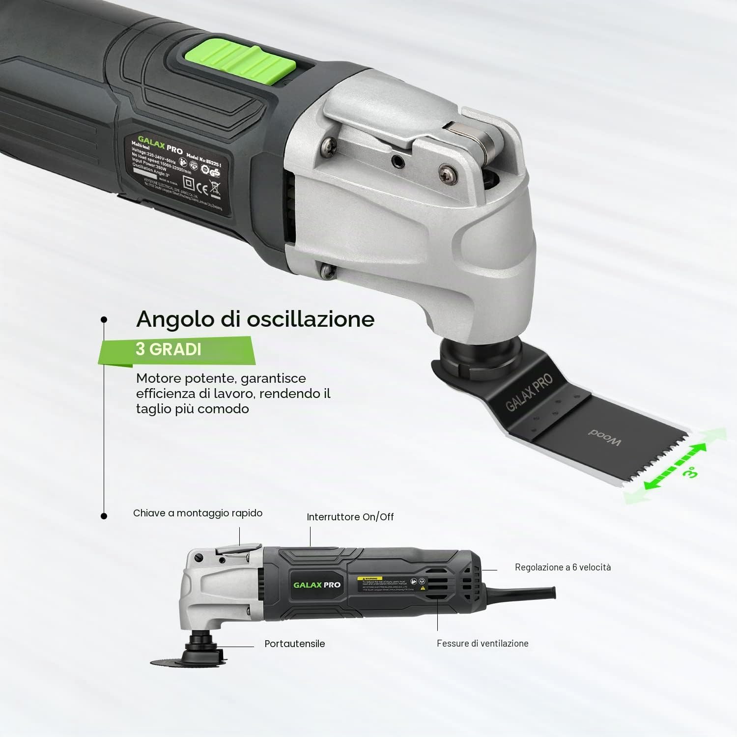 GALAX PRO Utensile Multifunzione Oscillante,6 Velocità Variabili,15000-22000RPM Strumento Oscillante Kit,260W,40 Accessori con lame multifunzione a rilascio rapido e borsa
