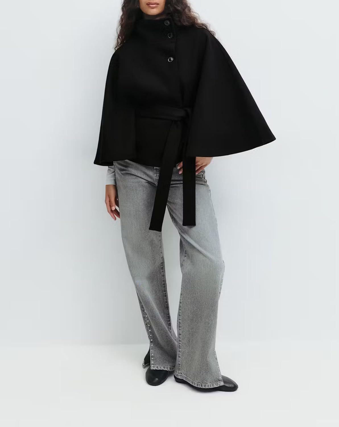 Womens Batwing Sleeve Poncho Pea Coats Elegant Stand Collor Capes Jacket Cloak Belted Fall Trendy Casual Outerwear - Image 2