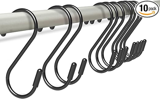 10 Pack 3 inch S Hooks for Hanging, Heavy Duty Metal Vinyl Coated S Shaped Closet Hooks for Hanging Plants, Kitchen Utensils, Bags, Jeans, Pots(Black)