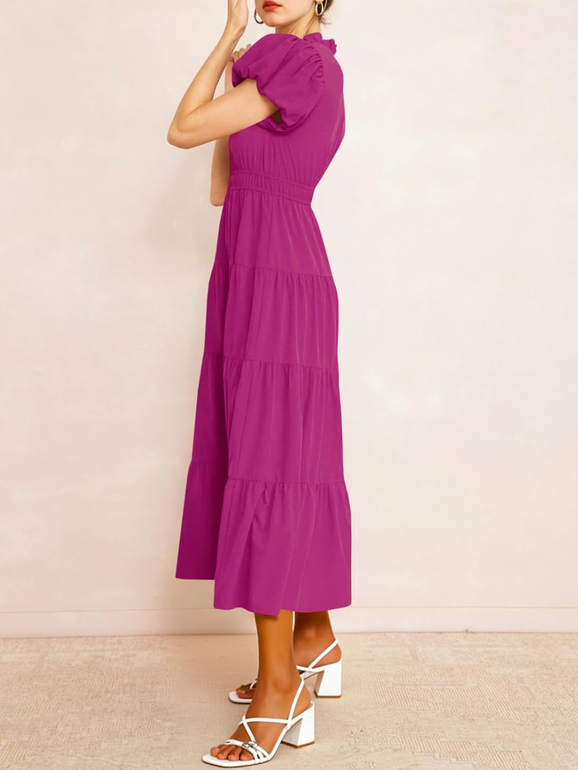 Wenrine Womens Summer Midi Dress Puff Short Sleeve V Neck Flowy Tiered Beach A-Line Dresses - Image 6