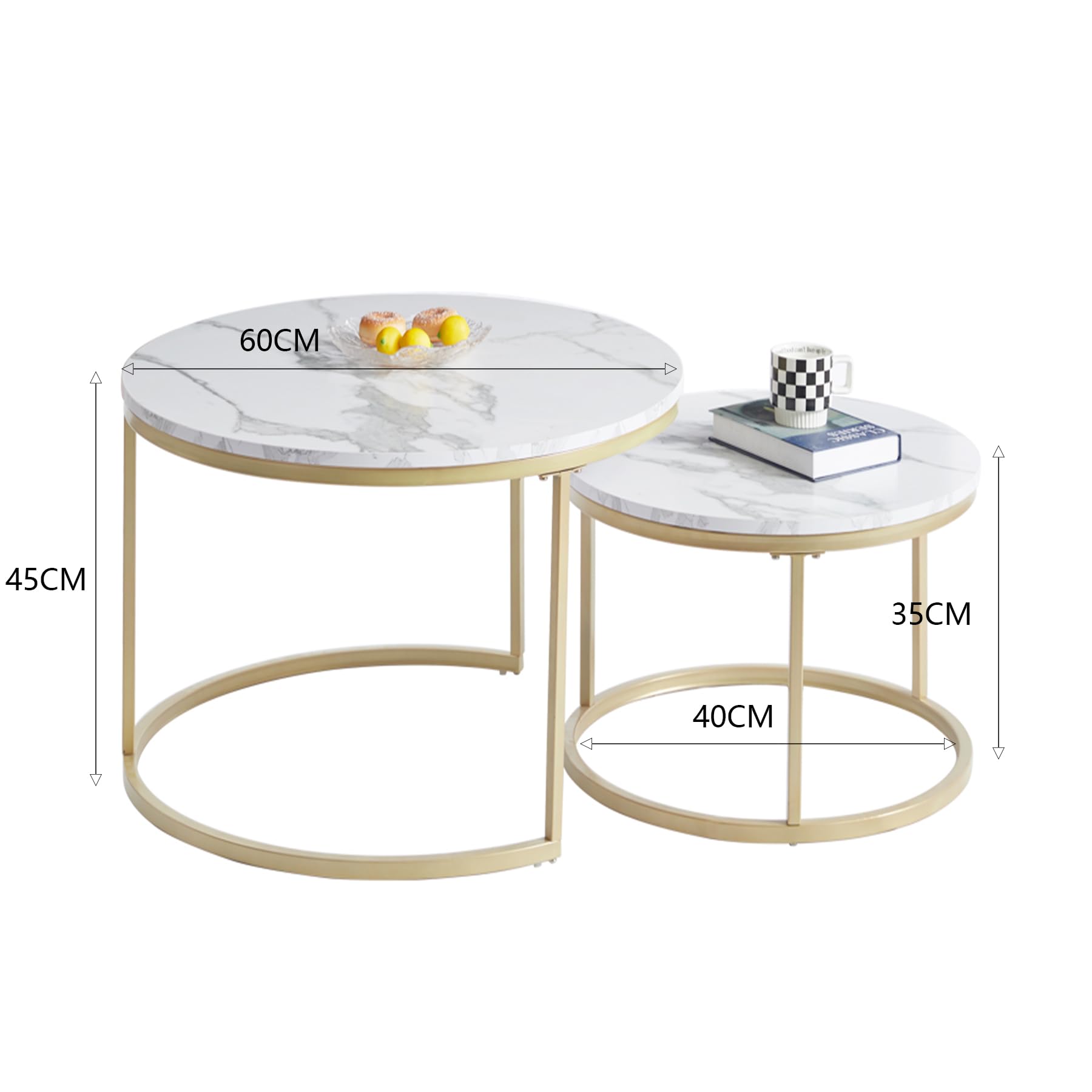 GrandCA HOME Tables Gigognes Ronde Lot de 2, avec Cadre en Métal Doré, Dessus Blanc Imitation Marbre, pour Salon, Chambre, Bureau, Appartement (Or) - 60x60/40x40cm