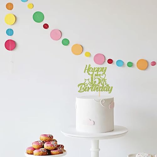 Miniatura 6 de Decoración de pastel de cumpleaños de 15 años con purpurina verde, decoración de pastel de 15 adolescentes para niños y niñas, decoración de fiesta