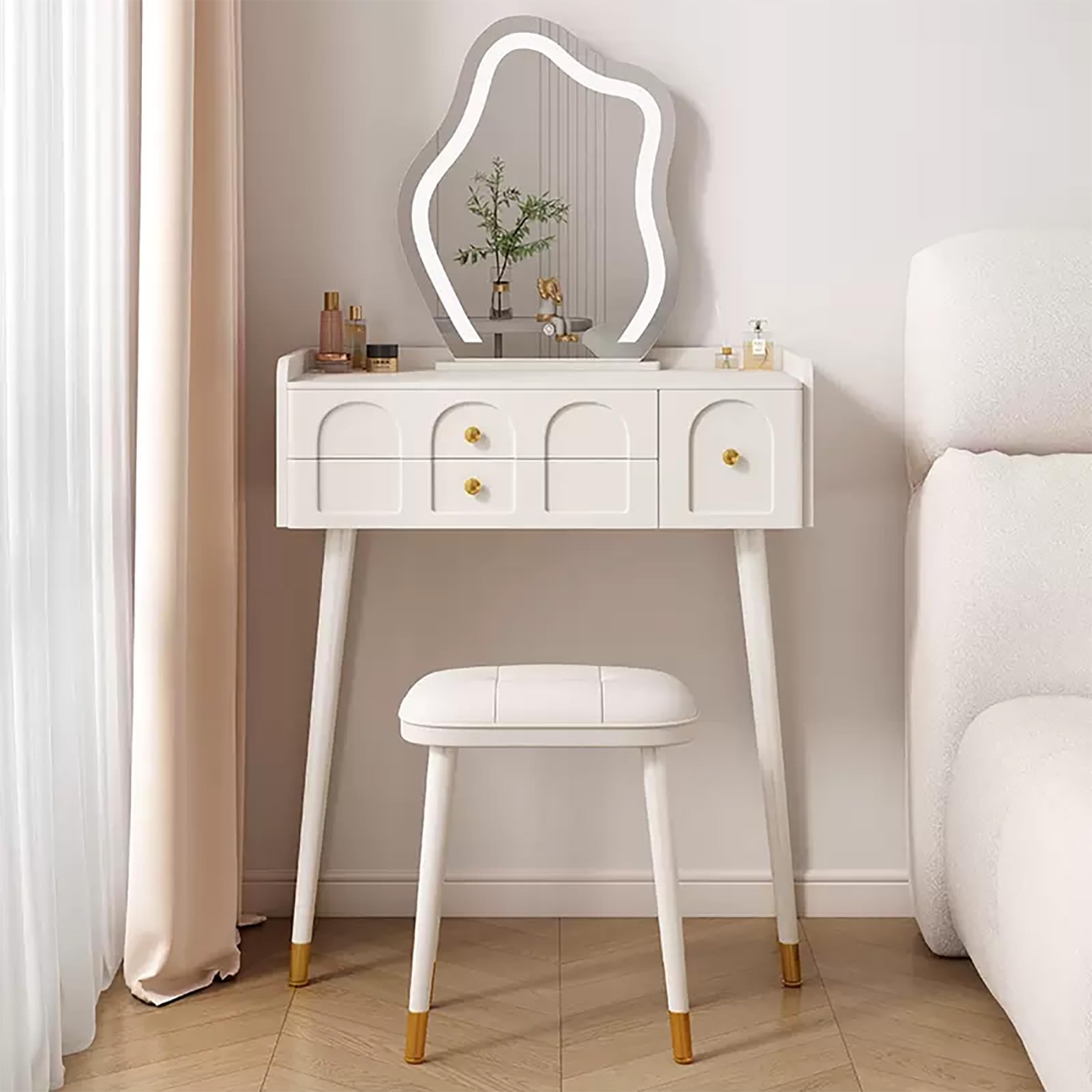 asdchZen Dimmable Makeup Vanity Set With Mirror, 3-Drawer Dressing Table, Upholstered Stool, Stylish Baffle Design, Ideal Makeup Table For Bedroom, 70Cm,70cm/27.5in