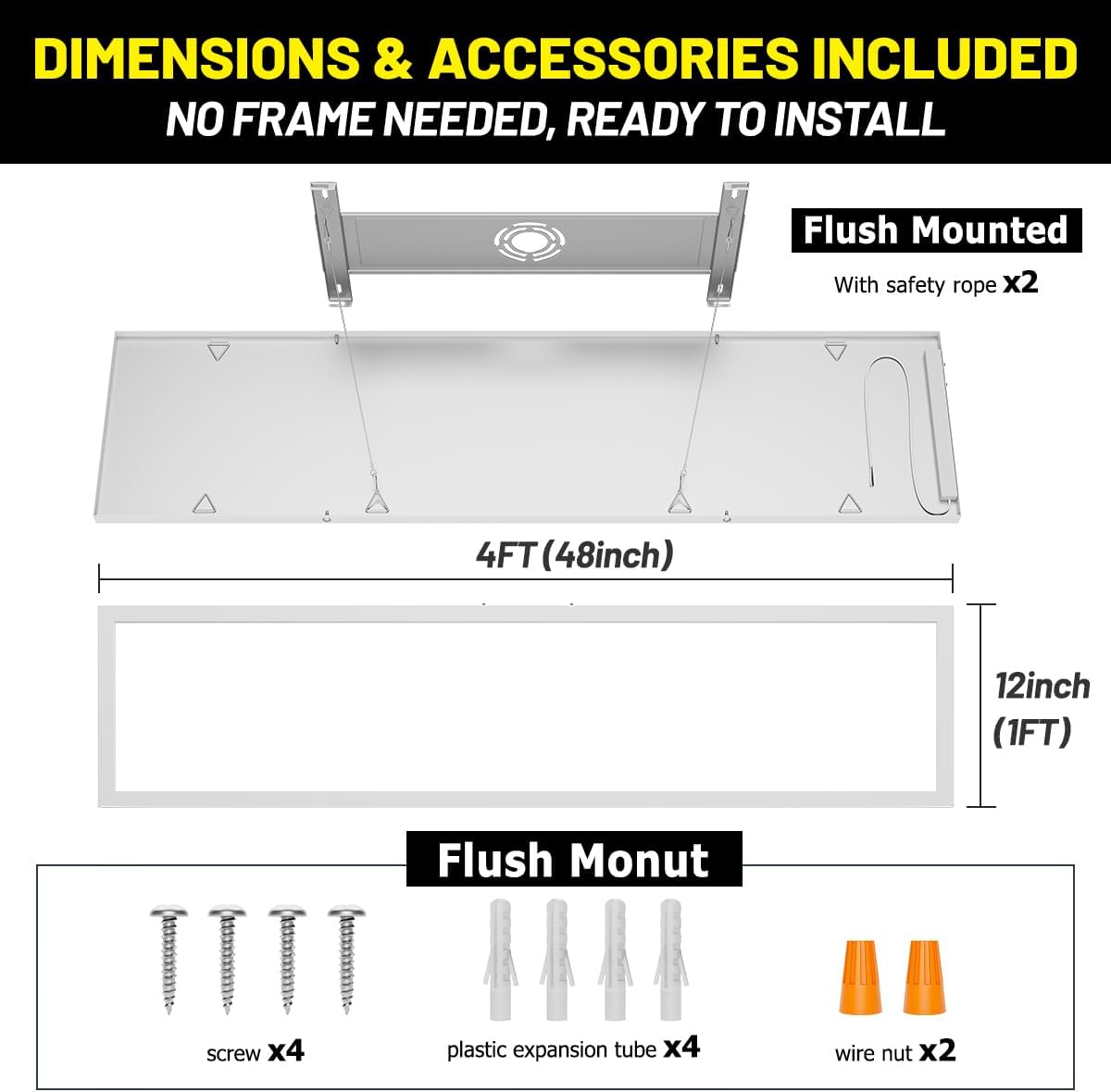 1x4 Led Flat Panel Light Surface Mount 2-Pack, 40W/4980LM, 5CCT 3000K/3800K/4500K/5200K/6000K Selectable, Flush Mount Ceiling Light for Kitchen, Garage, Hallway, Office, ETL