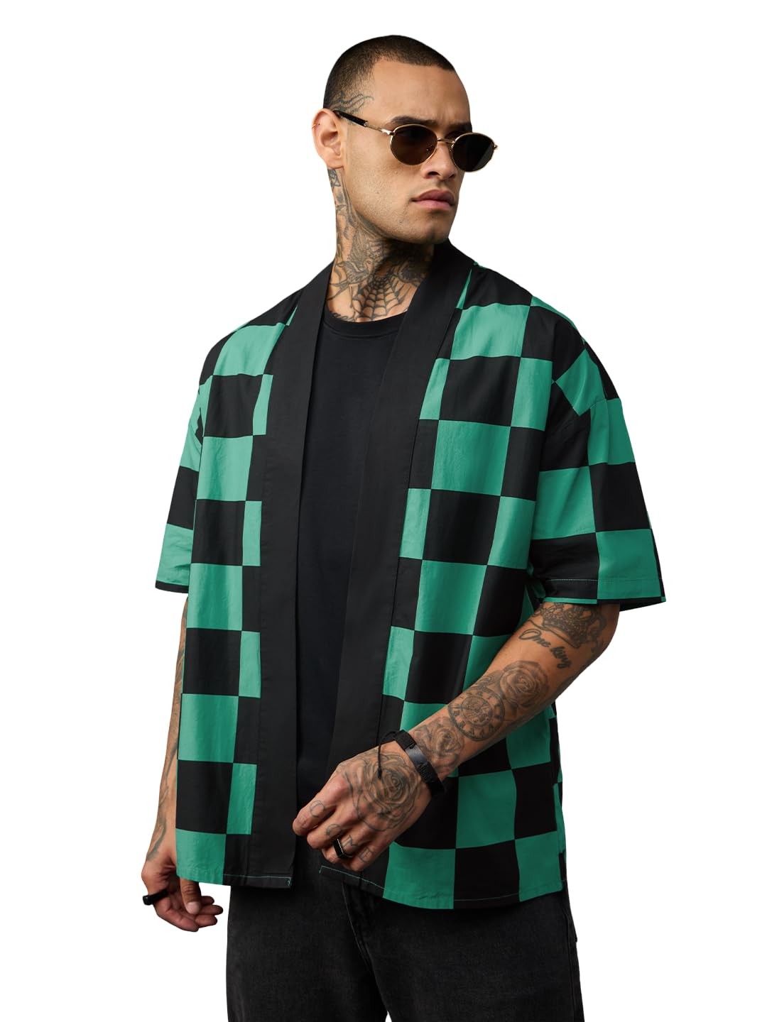 the souled store Demon Slayer: Tanjiro Kamado Men and Boys Short Sleeve Green and Black Checkered Casual Lightweight Drop Shoulder Streetwear Trendy Cotton Oversized Shirt-picture-16