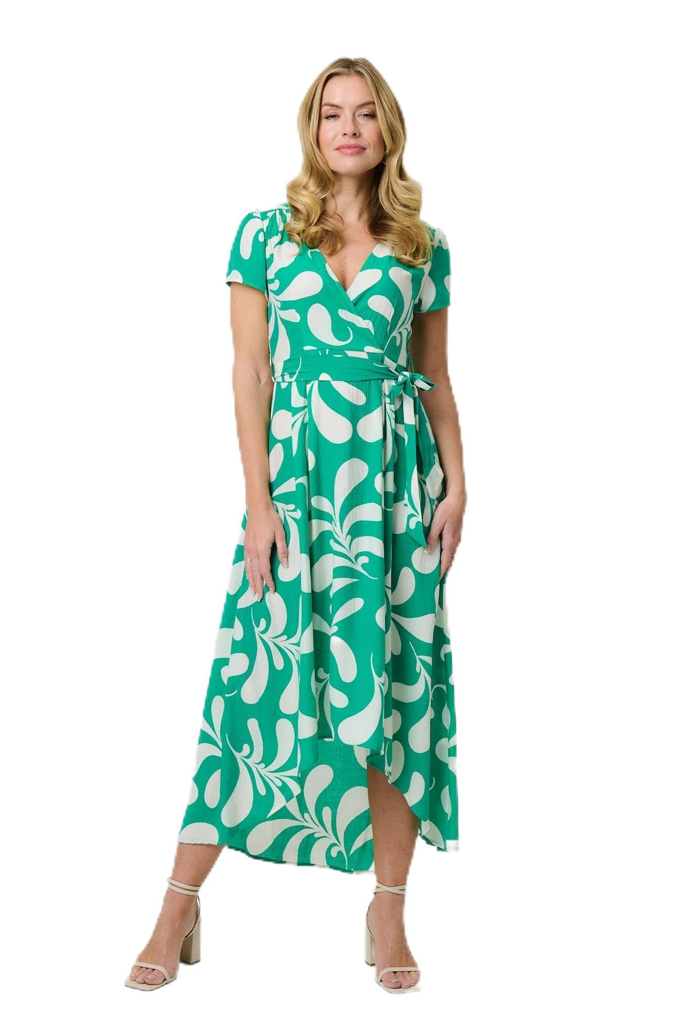 Izabel London Women's Green Printed Tie Waist Split Hem Midi Dress In | : Size 12