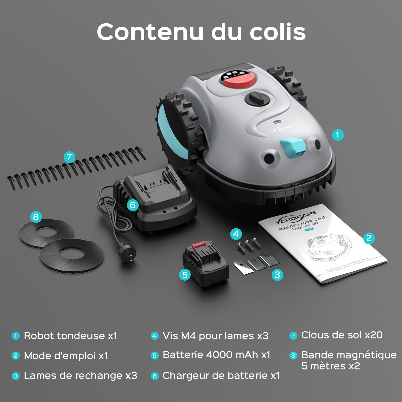 YARDCARE V100 Robot Tondeuse sans Fil Périphérique,avec Navigation par Vision, Évitement d'obstacles(150 Sortes), Robot Tondeuse avec Batterie 4 Ah, Lame de Rechange, Adapté aux Petits Jardins