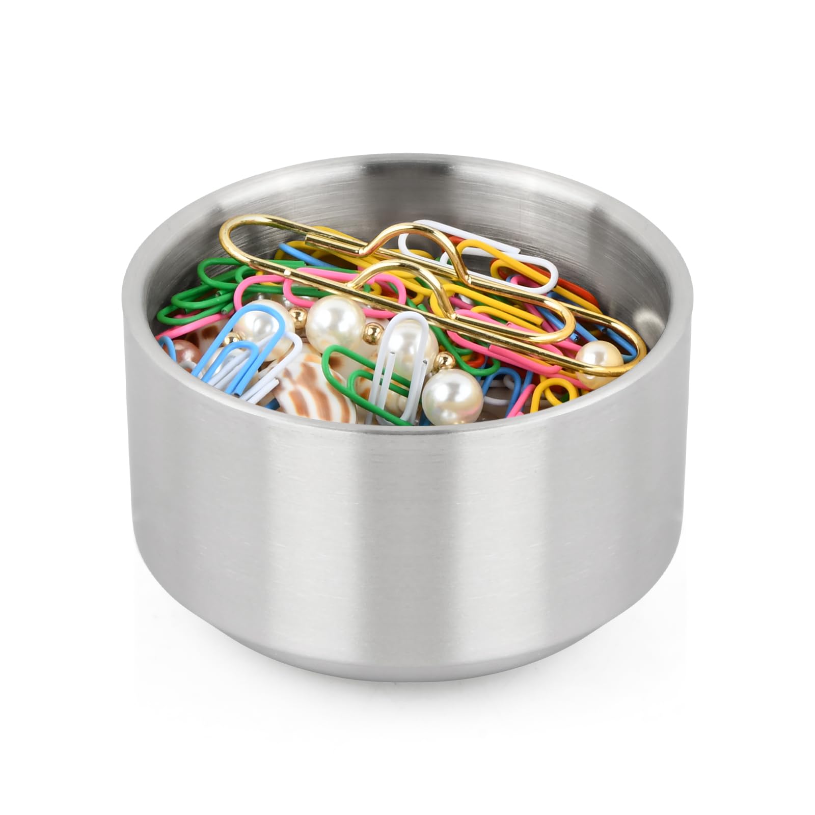 Ciotola Porta Graffette in Acciaio Inox, Dorato Dispenser Portaoggetti per Graffette, Organizer per Contenere Fermagli e Piccole Parti Accessori, Scrivania da Ufficio, Design Impilabile (Argento)
