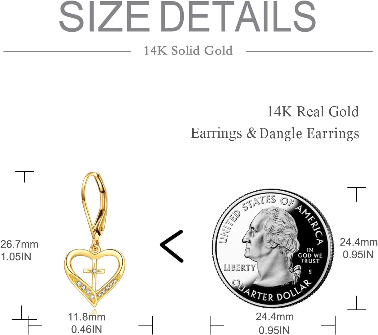 DOVRAN 14K Solid Yellow Gold Heart Dangle Earrings for Women Real Gold Heart Cross Earrings Infinity Heart Gold Leverback Earrings Gold Jewelry Women Birthday
