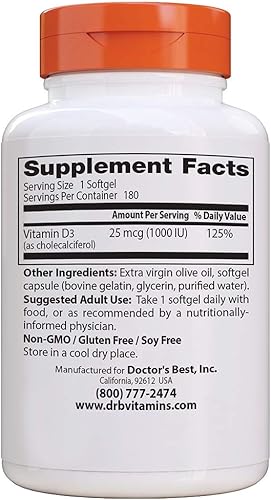 Miniatura 9 de Doctors Best Vitamina D3 2 000 UI Huesos Saludables Dientes Apoyo Inmunológico sin OMG Sin gluten sin soja 180 unidades
