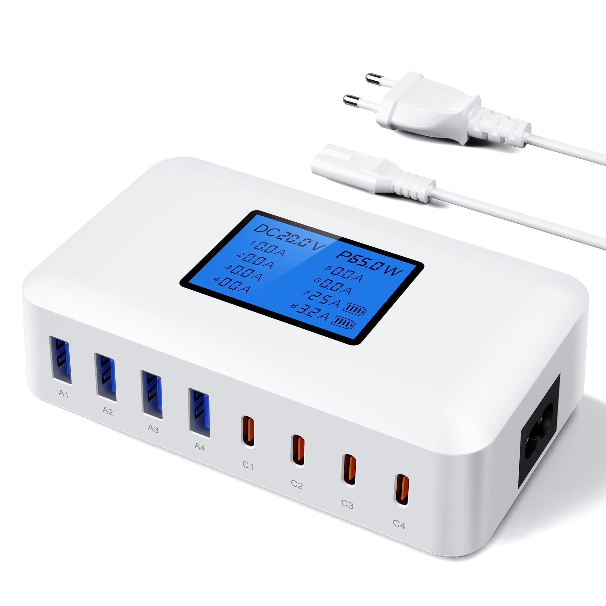 200W Caricatore USB C Multiplo, RENGOGA 8-Port Caricabatterie USB Multipla mit LED Display GaN Stazione di Ricarica Alimentatore per Macbook iPhone 15 14 13 iPad Pro Air Samsung Galaxy Google Pixel