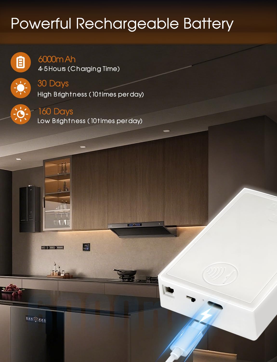 Wiederaufladbares COB-Streifenlicht mit Bewegungssensor, 6000 mAh, batteriebetriebenes Nachtlicht für Schrank, Speisekammer, Unterschrank, 1 m, 3000 K Warmweiß