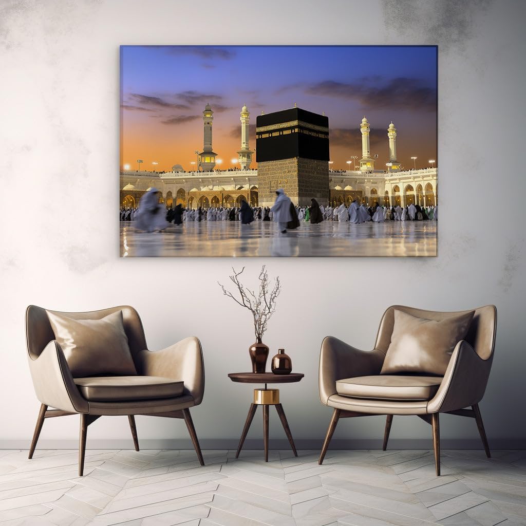 Canvas for Living room. Sunset Serenity at the Grand Mosque - The Kaaba at Heart of Pilgrimage, 27 x 18 inch Canvas Wall Art - Contemporary Masterpieces - Modern Home Decor