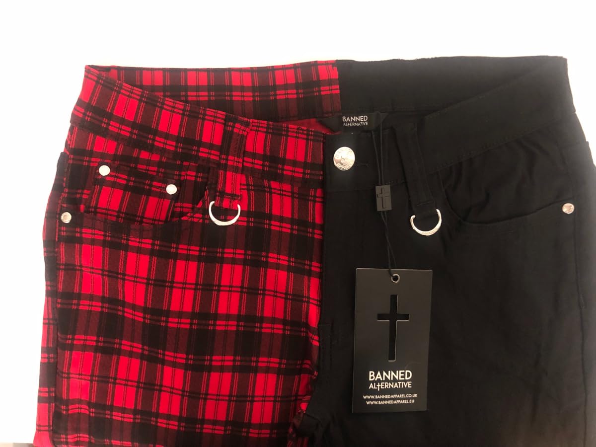 Banned Röhrenhose Karo Hose Damen Halbes Bein Karierte Hosen Split Punk Emo Alternative Mode, Rot, S