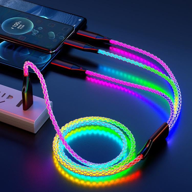 Image of 3 Combinations Multi Ports USB Charger Cable USB A to Micro USB /Type C PD Fast Charging Cord Light Up LED Current Flow to be a Night Light Compatible with Most of device-39 inches RGB