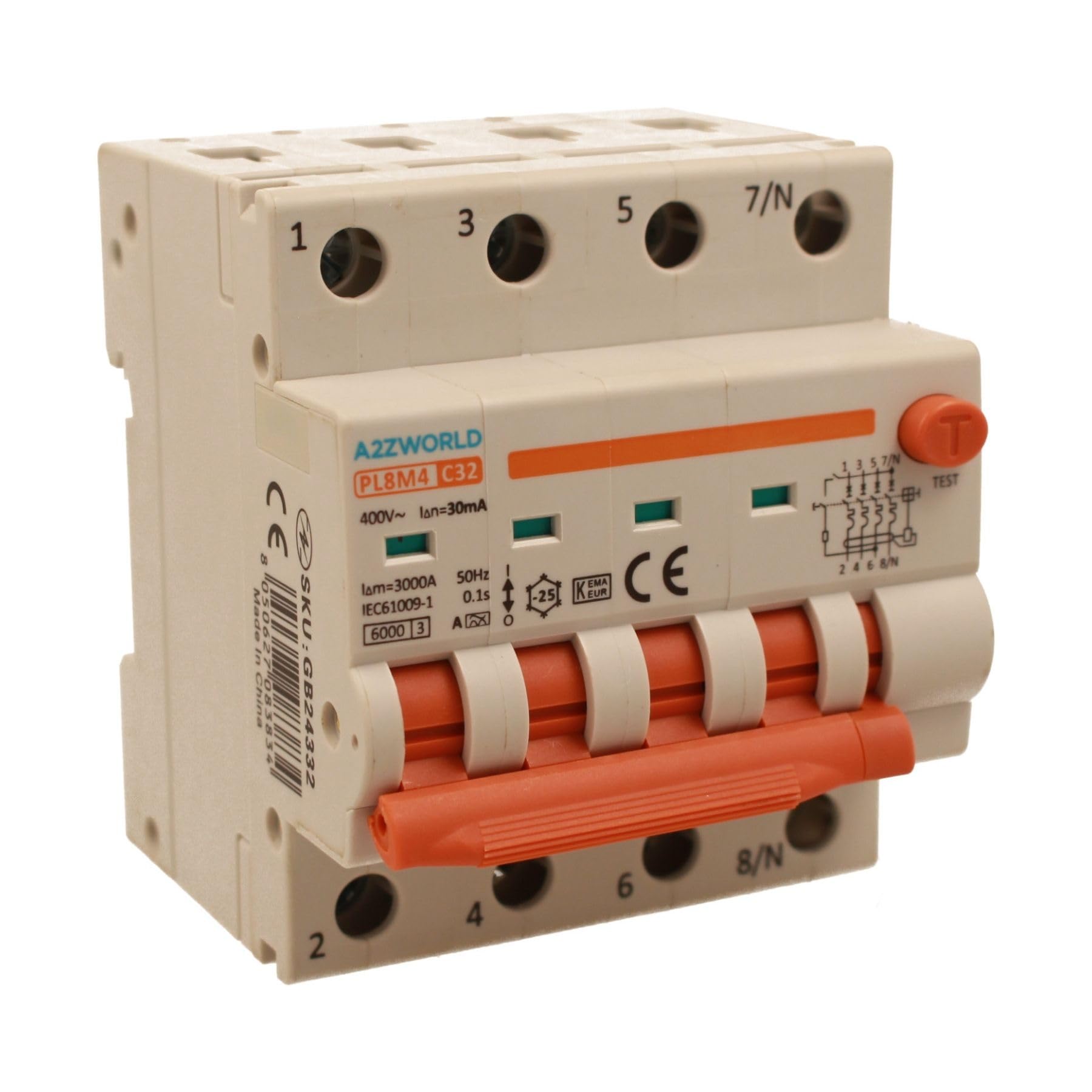 Leitungsschutzschalter, magnetisch, dreiphasig, 380 V, Typ A 32 A, C32, 4P Real (NO 3P+N), Kurve C 6 kA 30 mA, Doppelhebel mit visueller Diagnose, 4 DIN-Module, Serie PL8M4