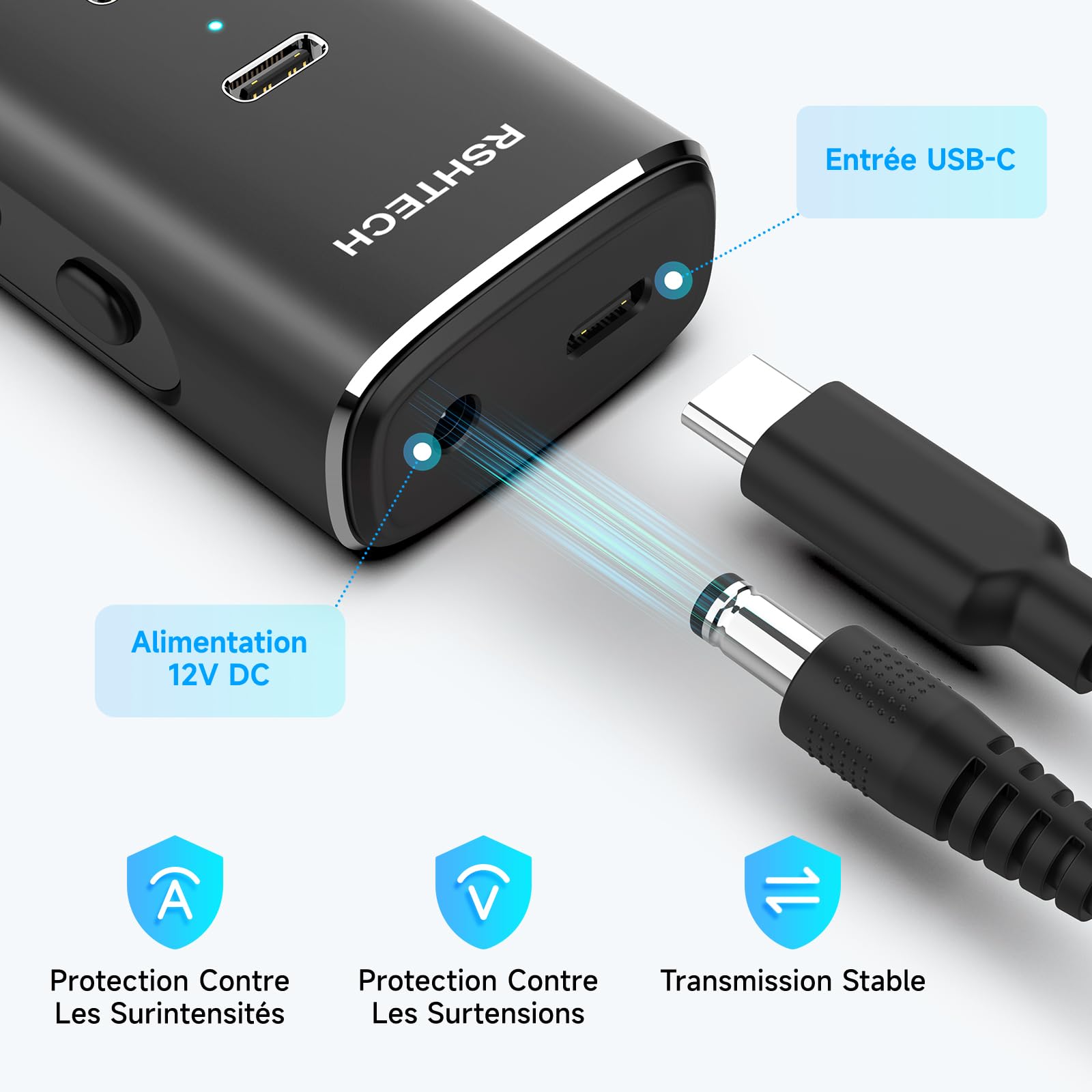 RSHTECH 36W USB C Hub Alimenté 7 Ports (4C+3A) Aluminium USB-C 3.2 10Gbps avec Adaptateur Secteur 12V/3A