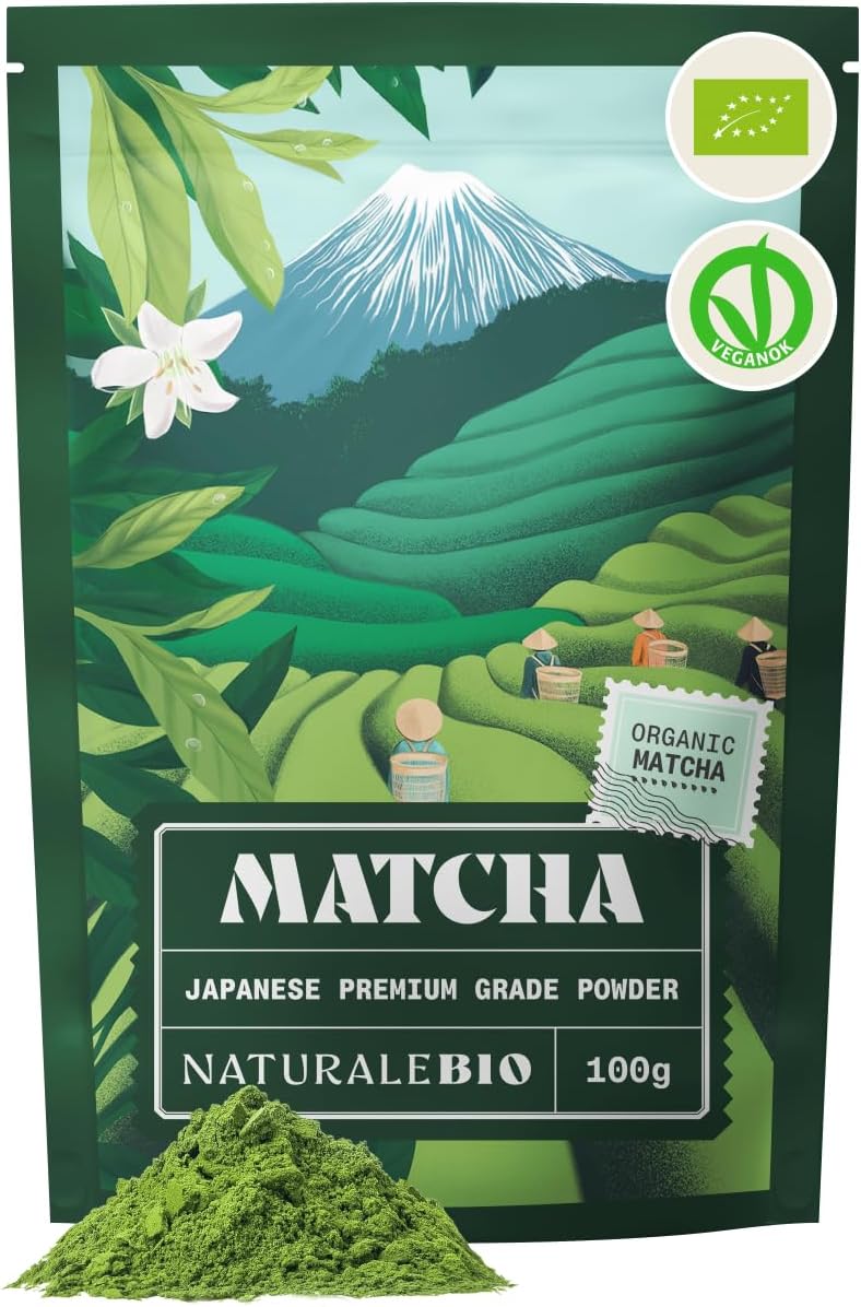NaturaleBio Japanese Organic Matcha Green Tea Powder - Premium Grade-100g. Produced in Japan, Uji, Kyoto. Use for Drinking, Cooking, Baking, Smoothie Making and with Milk. Vegan & Vegetarian Friendly