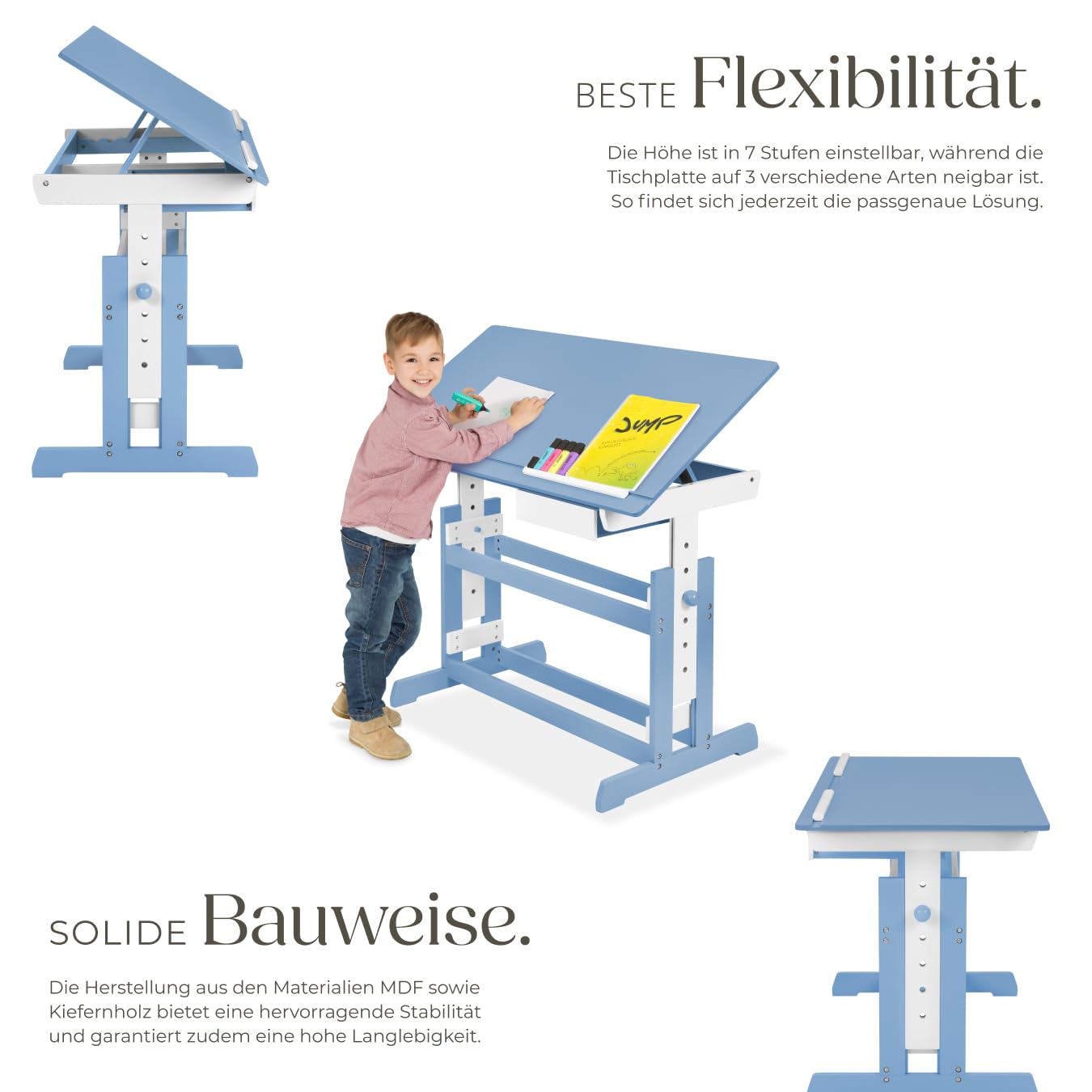 tectake® Kinderschreibtisch, Schreibtisch höhenverstellbar, Kindertisch mit Stauraum Schublade, Tischplatte neigbar, höhenverstellbarer Tisch, Arbeitszimmer für Kinder, Jugendzimmer - blau