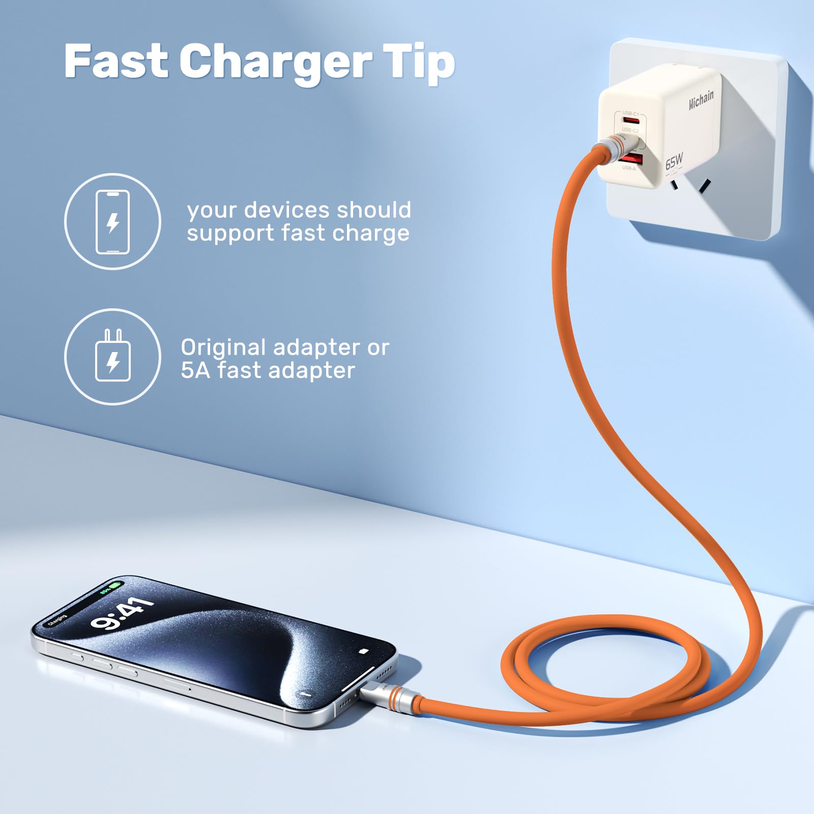 Hichain Paquete de 2 cables USB C a USB C, azul y naranja, 240 W, 6.5 pies, cable de carga rápida USB C, de silicona, impermeable, tipo C, cable de carga de sincronización de datos para teléfono