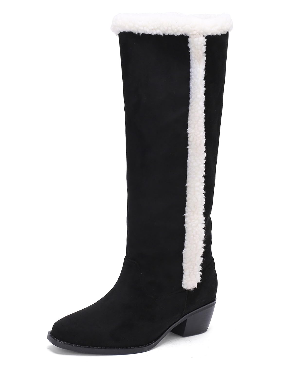 Bellirala Womens Chunky Heels Knee High Boots Faux Fur Lined Tall Boot Suede Block Mid Heels Furry Boots