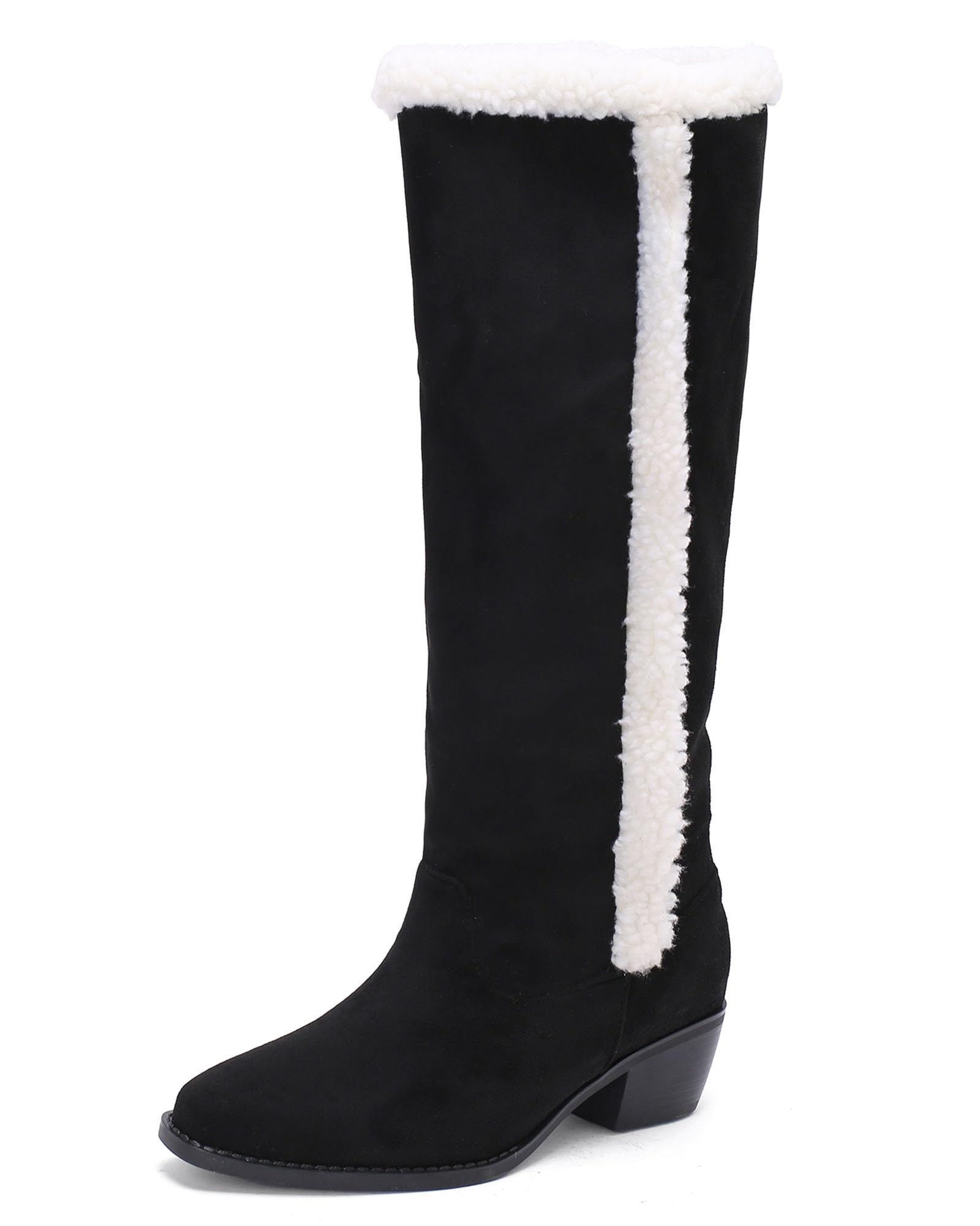 Bellirala Womens Chunky Heels Knee High Boots Faux Fur Lined Tall Boot Suede Block Mid Heels Furry Boots