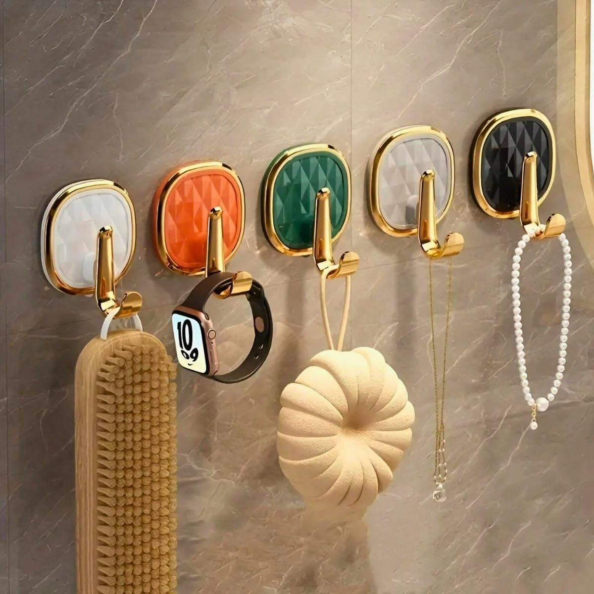 Seltand Decorative Wall Hooks, Gold-Tone with Colored Backplates, Set of 4, Adhesive Mounting