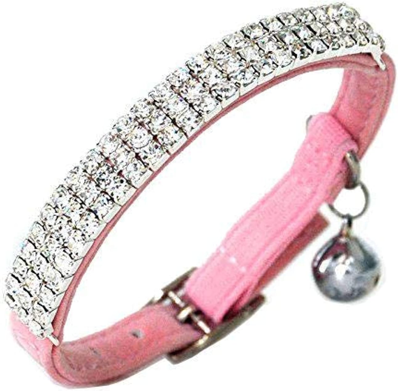 Adjustable Cat Collar Small Dog Collar with Bell Rhinestone Soft Velvet Pet Cat or Small Dog Necklace Pink
