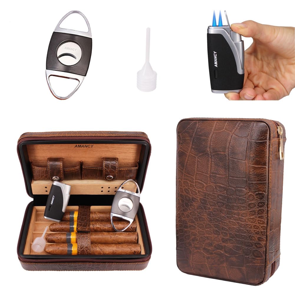 AMANCY Manly Black Brown Crocodile Pattern Leather Travel Cedar Wood Lined 4 Cigar Humidor Case, Included Cigar Cutter and Lighter Set