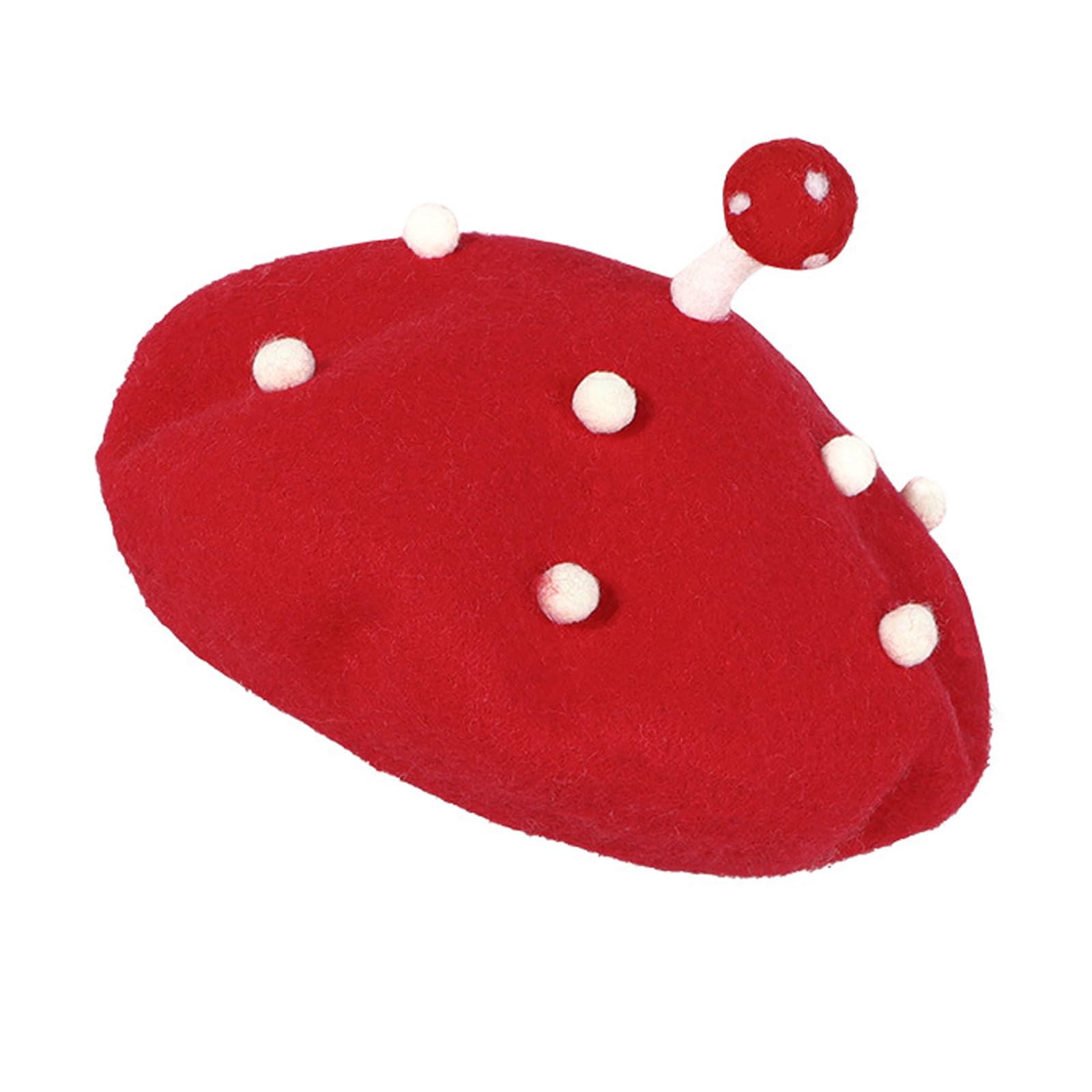 NICEYEA Girls Mushroom Beret Cute Mushroom Hat Lolita Kawaii Plant Cap Wool Felt Beret Hat Vintage Painter Hats (Red)