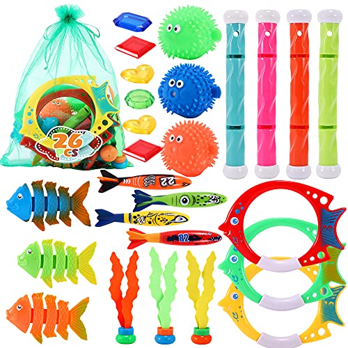 FiGoal 26 PCs Diving Toy Set, Swimming Pool Toys Underwater for Kids 3 Diving Rings 4 Diving Sticks 4 Torpedo Pool Toys 3 Sea Grass 3 Diving Fishes 3 Globefish and 6 gems (Storage Bag Included