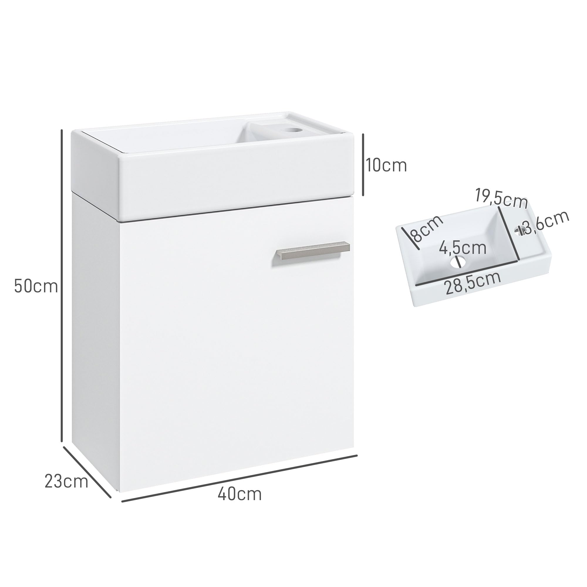 HOMCOM Mueble de Baño Estrecho con Lavabo de Pared 40x23x50cm Blanco Brillo | Mueble para Lavabo, con Puerta, Cierre Suave, Estilo Moderno