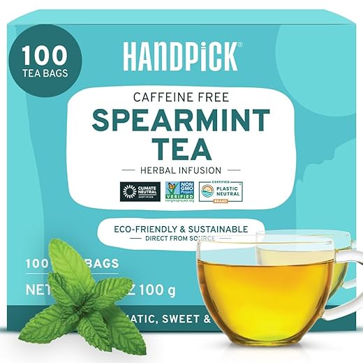 HANDPICK, Spearmint Tea Bags (100 Herbal Tea Bags) |Refreshing Mint Tea | Non-GMO | Round Eco-Conscious Teabags