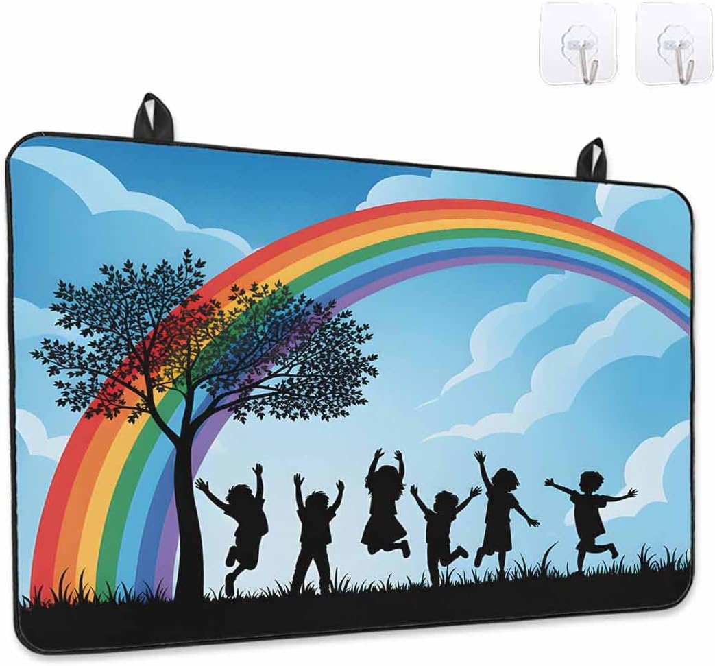 Rainbow Blue Sky Stove Cover for Electric Stove, Trees Silhouettes Grassland Children's Day Stove Top Cover for Glass Top, Heat Insulation Rubber Mat Foldable Cooktop Top Protector, 28.5"x20.5"