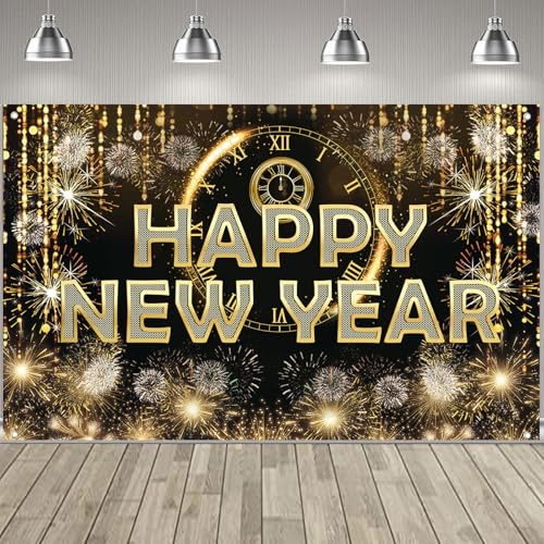 HAPPY NEW YEAR Hanging Extra Large Fabric Sign Poster Black Background Banner with Firework Pattern for New year Party Decorations