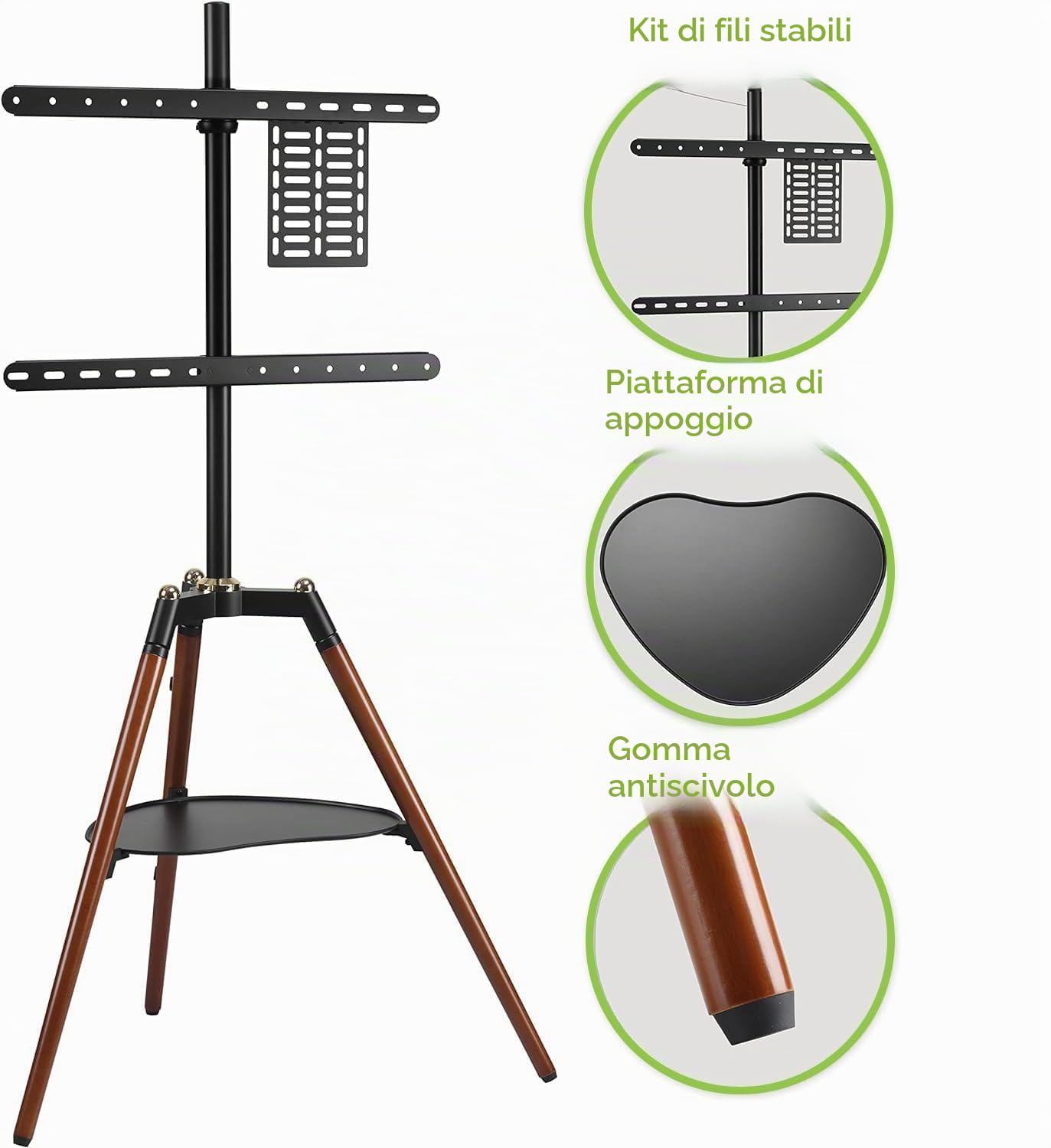 Techly 368239 Supporto a Pavimento Cavalletto Tripod per TV LCD/LED/Plasma 32-65" con Mensola Noce Scuro