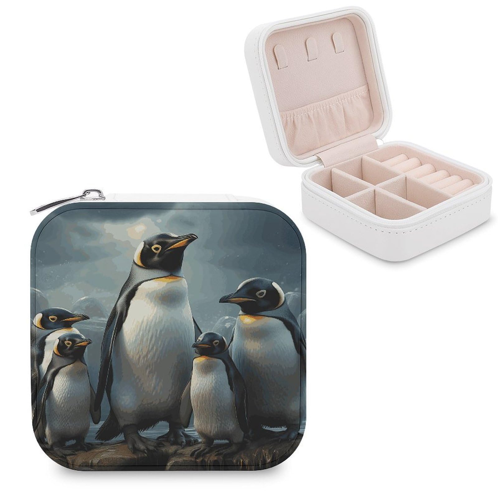 FekiLoot Penguin Family Jewelry Case Personalized Leather Jewelry Box Mini Travel Jewelry Case Small Portable Jewelry Organizer for Ring Earrings Necklace Bracelet
